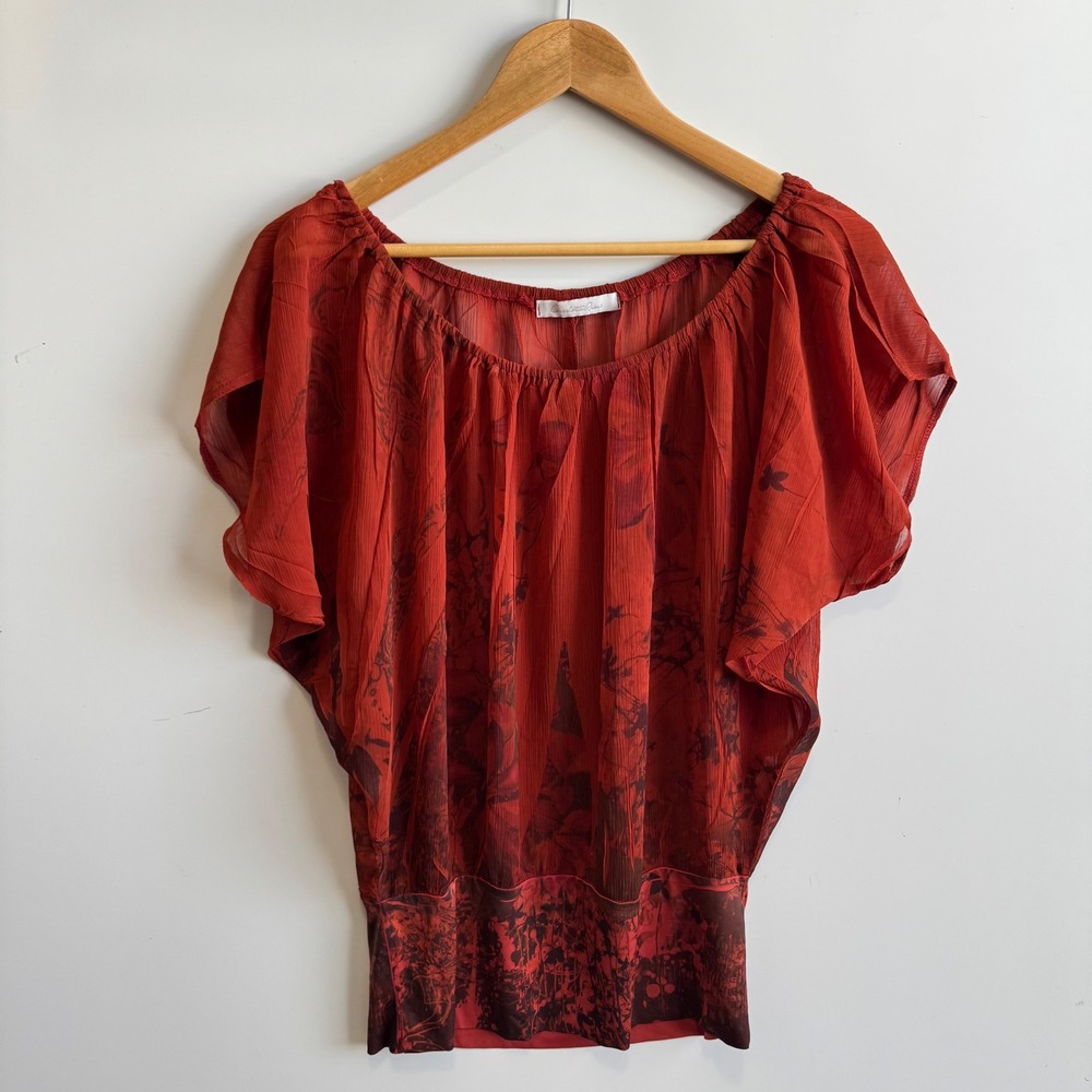 Vintage Charlotte Russe Blouse Floral Print Sheer Flutter Sleeve Top Red Size S